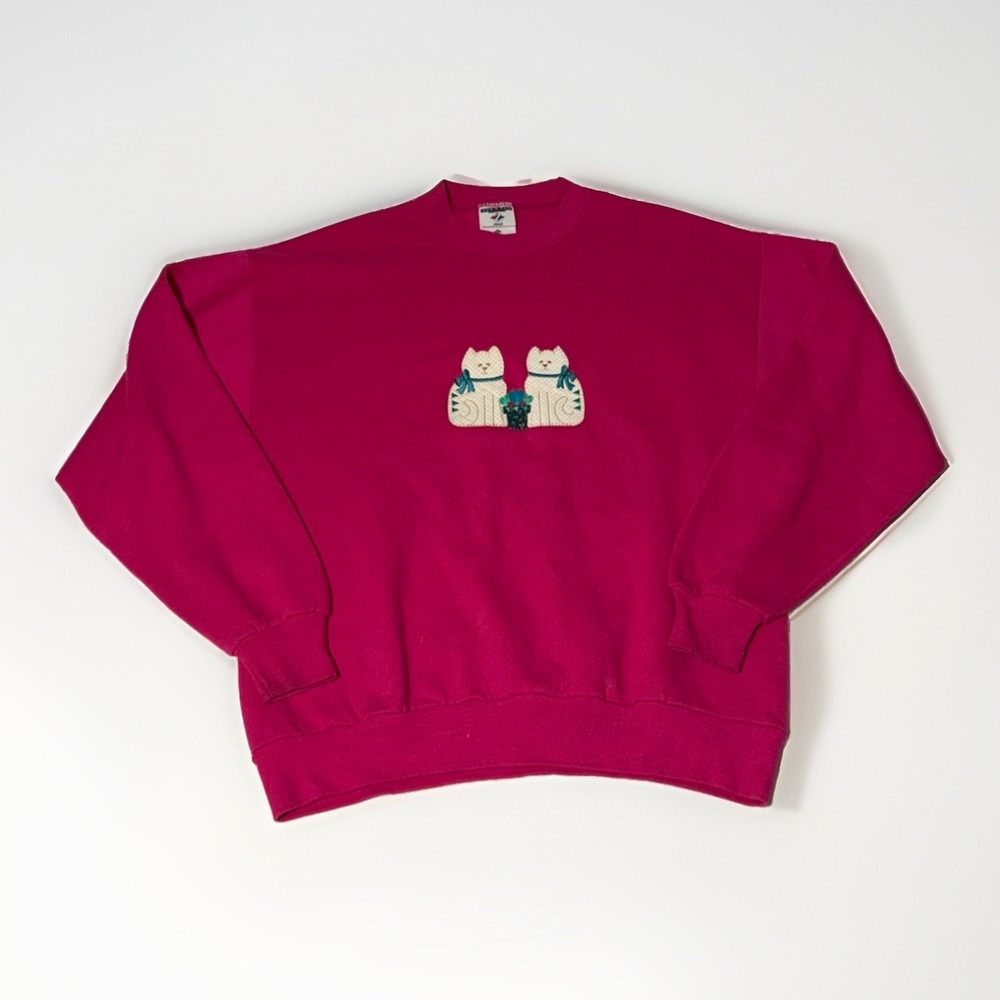Vintage Jerzees Cat Sweatshirt Pink Embroidered Cats Size Large Made in USA